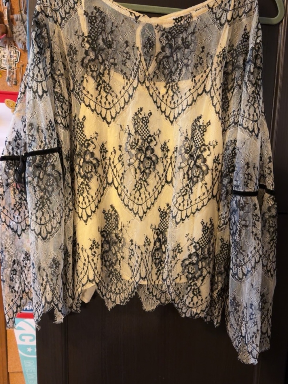 Lace Overlay Bell Sleeve Blouse in Cream and Black altard state